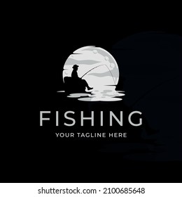 Silhouette Man Fishing At The Moon Logo Vintage Vector Illustration Template Icon Graphic Design. Creative Fisher Logo At The Sea And Ocean