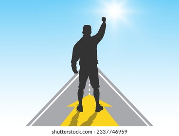 Silhouette of man with fist raising up standing on yellow forward arrow sign, success, achievement and winning concept vector illustration(Multiple values)