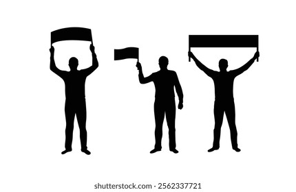 Silhouette of a Man with a Flag and Banner. People at protests or demonstration, business announcement vector art