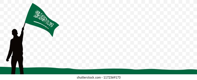 Silhouette Man with Flag in hand. Arabic Text Translation:  There is no god but Allah. Transparent. Saudi Arabia National Day. 23rd September. Vector illustration. Eps 08.