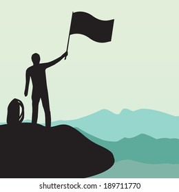Silhouette of man with flag on top the high mountain