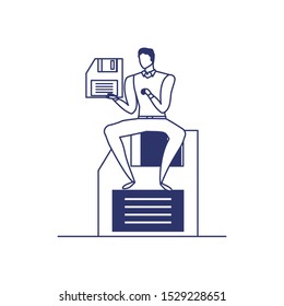 silhouette of man with floppy disk in white background vector illustration design