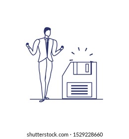 silhouette of man with floppy disk in white background vector illustration design