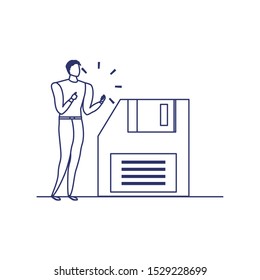 silhouette of man with floppy disk in white background vector illustration design