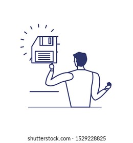silhouette of man with floppy disk in white background vector illustration design