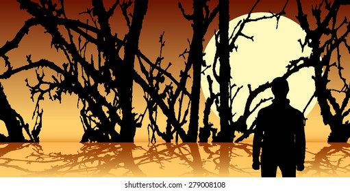 Silhouette of man in forest.