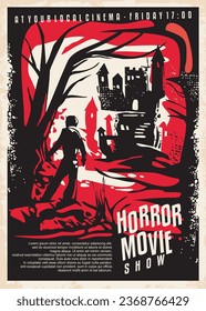 Silhouette of the man in the forest looking at the dark castle in the distance, artistic vector illustration. Horror movie poster idea with unique graphic illustration. Film festival vintage flyer.