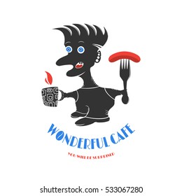 Silhouette of a man with a fork and cup in hand. Vector illustration