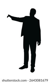 Silhueta de um homem em trajes formais apontando para o lado esquerdo, estilo de vetor preto em um fundo branco plano. Conceito de direção, orientação, liderança. Ilustração vetorial