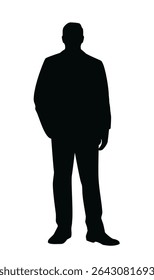Silhueta de um homem em um terno formal de pé direito, estilo gráfico preto minimalista em fundo branco. Conceito de anonimato, negócios, identidade. Ilustração vetorial