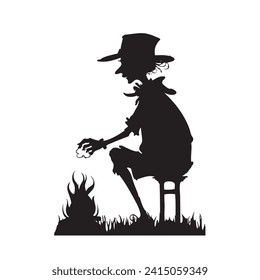 Silhouette of a man in front of a fire hand-drawn vector image without AI