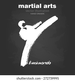 Silhouette of a man in the front karate, taekwondo, martial arts. In the style of eastern painting. Designed for sports events, competitions, tournaments, vector illustrations.
