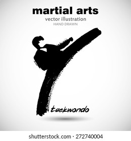 Silhouette of a man in the front karate, taekwondo, martial arts. In the style of eastern painting. Designed for sports events, competitions, tournaments, vector illustrations.