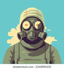 silhouette of a man in gas mask, in the style of colored cartoon style, vintage poster design, sky-blue and green, realist detail, chilling creatures, saturated color fields, zombiecore