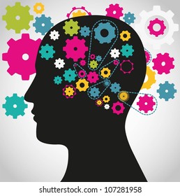 silhouette of a man with a gear mechanism in the head, vector illustration