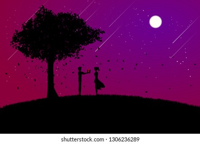 Silhouette man give the gift box for women under big tree background. valentine's day and love and anniversary theme.