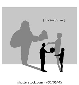 silhouette man giving boy a gift box with the shadow of Santa claus and copyspace vector illustration isolated on white background. Using editable shades of gray colors.