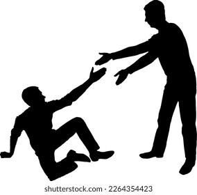 Silhouette of a man giving a helping hand to another man who fell to the ground. Business Concept teamwork, partnership, support. Vector Silhouette