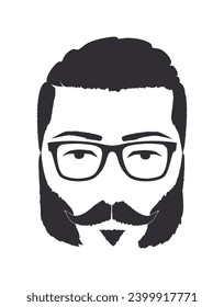 Silhouette of a man with glasses, mustache and sideburns. Hand Drawn Vector Illustration. Design element isolated white background