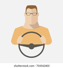 Silhouette of a man in glasses that sits behind the wheel. Vector illustration.