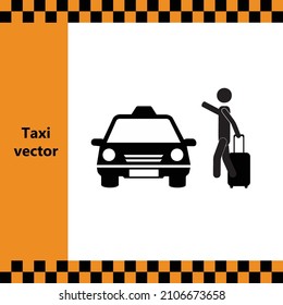 Silhouette de un hombre aclamando un taxi mientras sostiene el equipaje, vector de iconos