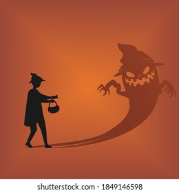 Silhouette of a man in halloween is afraid of shadows, creepy ghost. Illustration vector