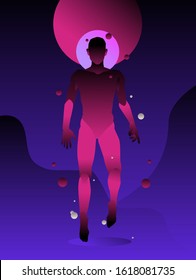Silhouette of man with 
halo around his head floating in bubbly liquid. Concept illustration of Artificial Intelligence or Robot, idea of Transhumanism. 