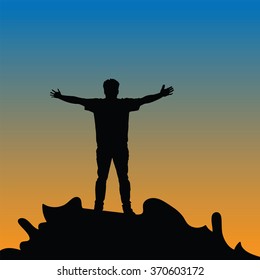 Silhouette of man hand up on the top mountain with the sunset. Vector