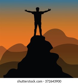 Silhouette of man hand up on the top mountain with the sunset. Vector