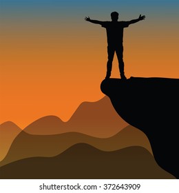 Silhouette of man hand up on the top mountain with the sunset. Vector