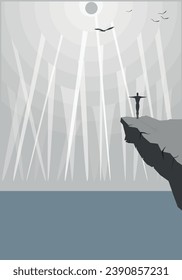 silhouette of man with  hands up on top of the mountain vector illustration