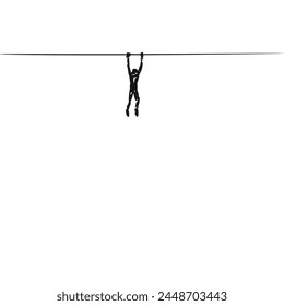 Silhouette of a man hanging on a rope, grabs it with both hands, Rope stretched at a great height, Hand drawn illustration, Vector sketch