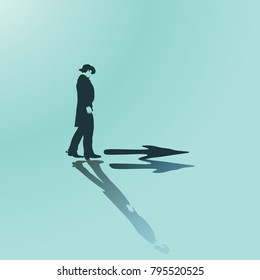 Silhouette of a man in a hat and an arrow indicating the direction. Conceptual Vector Illustration