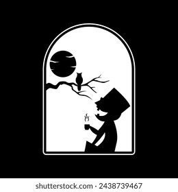 A silhouette of a man with a hat and a bird in a window. The silhouette is black and white
