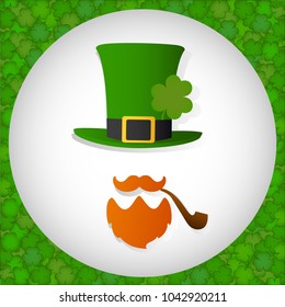 Silhouette of man with hat, clover, beard and smoking pipe. saint patrick day