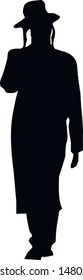 Silhouette of a man in a hat. Jew in a hat and with sidelocks. Religious Jew in a traditional costume. Hasid. Isolated vector illustration.