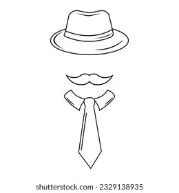 Silhouette of a man in a hat with a mustache and glasses, with a tie, vector illustration in the style of a doodle, contour