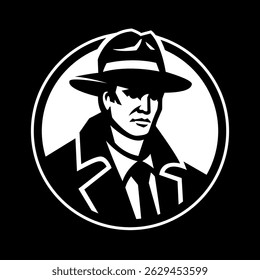 Silhouette of a man in a hat and a raincoat on a dark background.