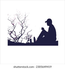 Silhouette of a man in a hat sitting