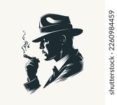 Silhouette of a man in a hat smoking a cigar. Retro style vector illustration of noir gentleman.