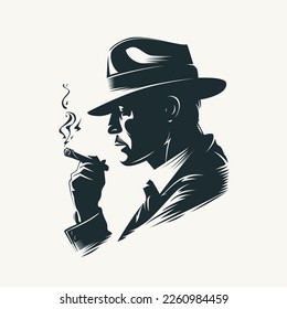 Silhouette of a man in a hat smoking a cigar. Retro style vector illustration of noir gentleman.