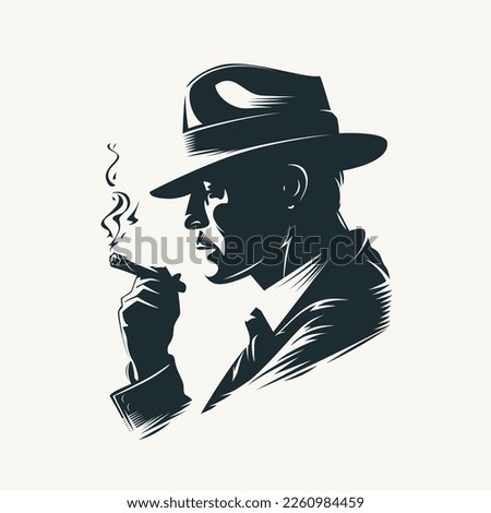 Silhouette of a man in a hat smoking a cigar. Retro style vector illustration of noir gentleman.