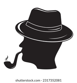 Silhouette of a man in a hat with a smoking pipe, isolated vector illustration in black, icon