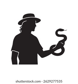 Silhouette of Man with Hat and Snake on Whip