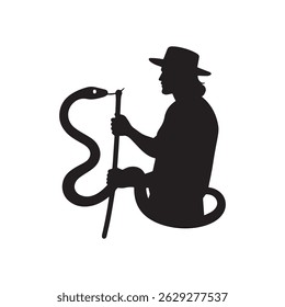 Silhouette of Man with Hat and Snake on Whip