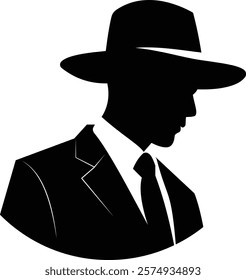 a silhouette of a man in a hat and suit mascot logo, icon