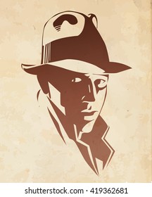 Silhouette of man in a hat and suit on white background vector. Picture, retro american detective style, poster, sign usage. Illustration in style noir. Silhouette against ancient parchment