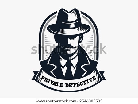 Silhouette of man in hat and suit on white background vector. Black and white picture, retro american private detective style, poster, sign, pictogram, icon, flyer. Illustration in style noir