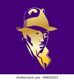 Silhouette of a man in a hat and suit. Retro american detective, poster, sign usage. Vector Illustration in style noir