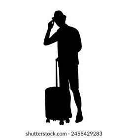 silhouette of a man in a hat and with a suitcase on a white background vector